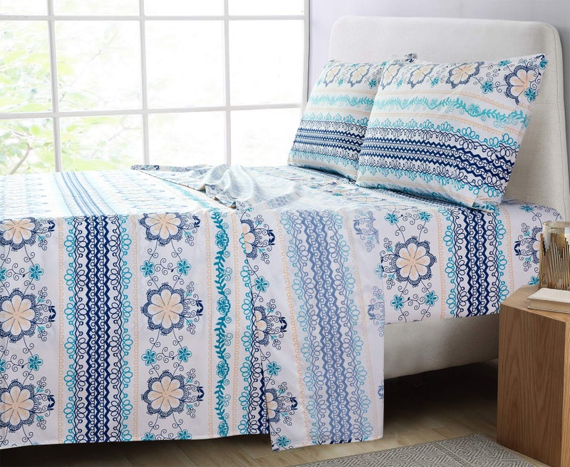 JSD Blue Boho Printed Sheet Set Queen Size, 4 Piece Soft Floral Microfiber Sheets Extra Deep Pocket - Image 4
